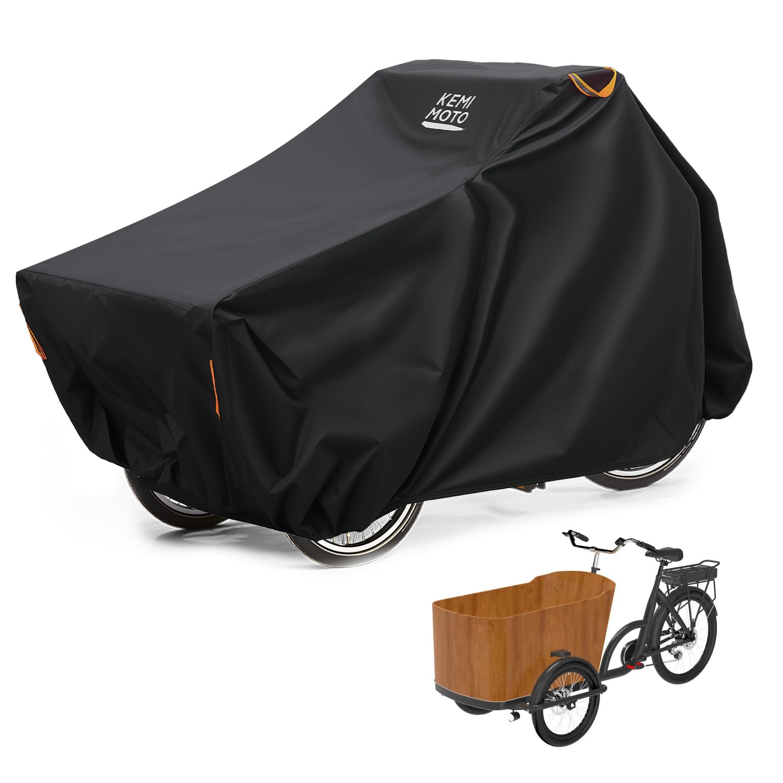 KEMIMOTO Lastenrad Abdeckung, 420D Oxford-Gewebe Fahrradabdeckung Wasserdicht, Extra Lange Dreirad-Abdeckung, Fahrradgarage mit UV-Schutz, Winddichte, Faltbare Lastenrad Abdeckplane