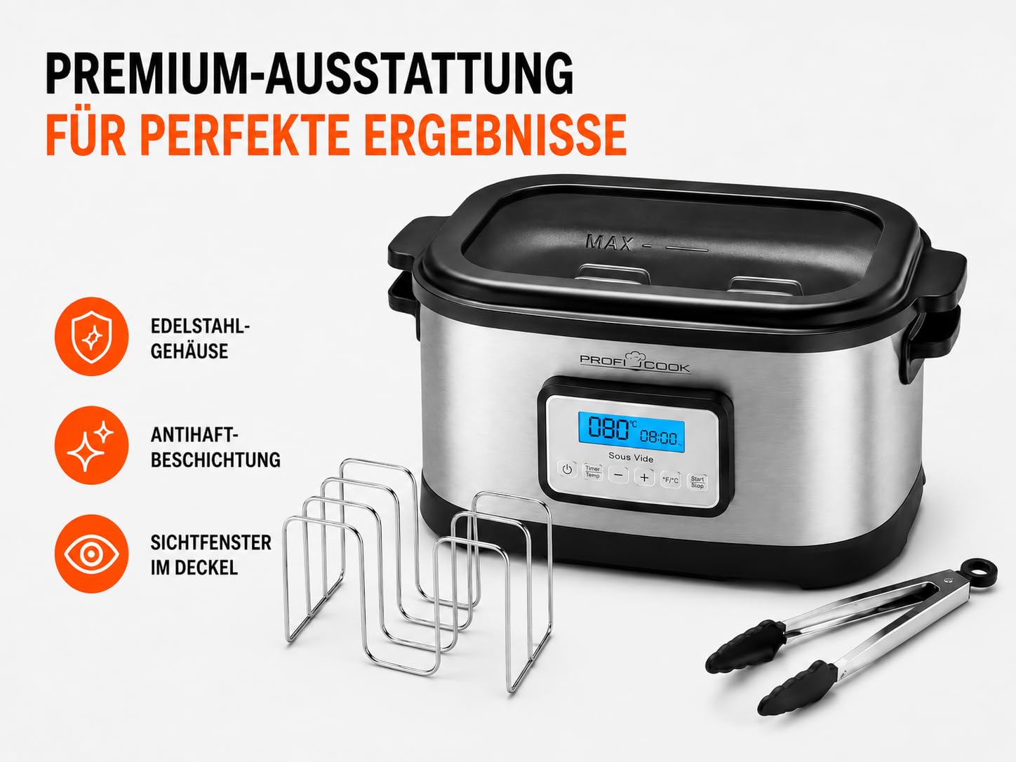 ProfiCook Sous Vide Garer | 8,5L Fassungsvermögen | PC-SV 1112 | Punktgenaues Garen, 72-Std.-Timer, Schongarfunktion, Joghurtmaker-Funktion, Warmhaltefunktion