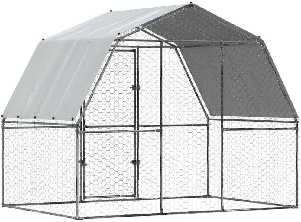 vidaXL Chicken Cage with Roof and Door, Large Chicken Coop, Walk in Chicken Cage for Outdoor Backyard, Hen Coop, Silver Galvanized Steel