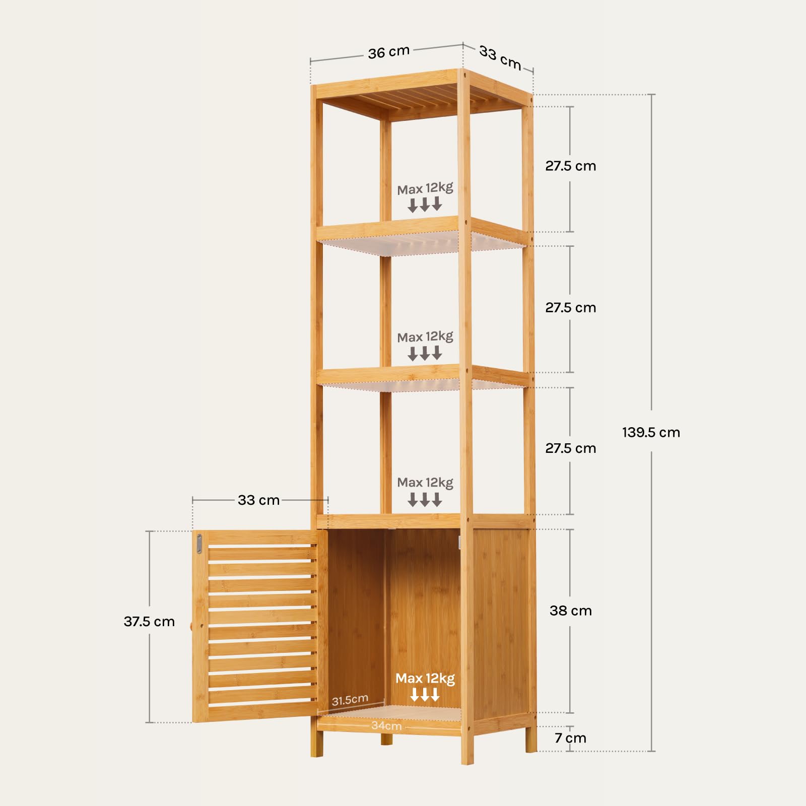 WOLTU Meuble Salle de Bain Bambou, Étagère Colonne pour Salle de Bain | avec 4 Tablettes Ouvertes, 1 Placard avec Porte à Lamelles, 36x33x140cm