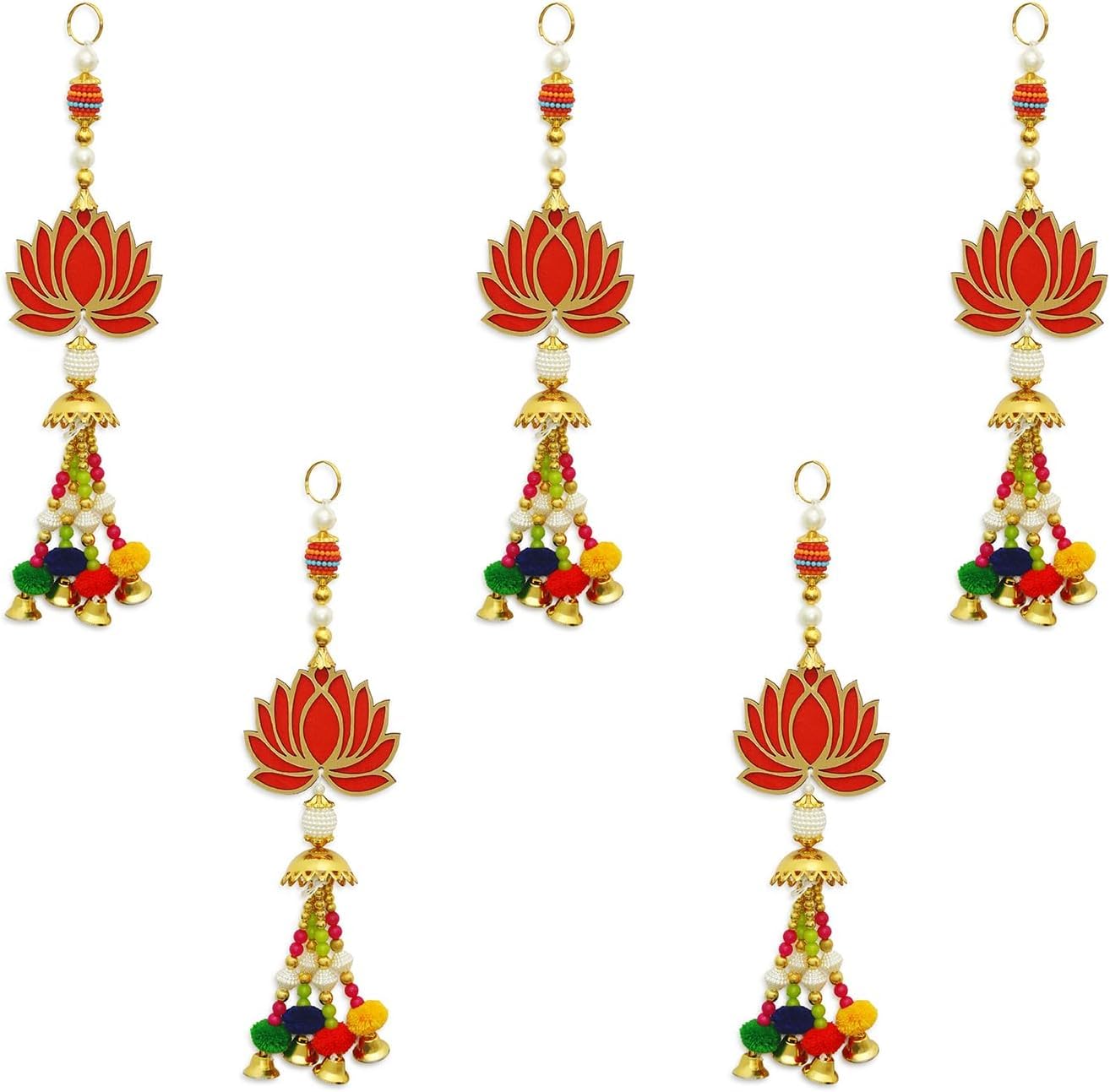 Set of 5 Lotus Hangings Latkan for Diwali Home Decoration Wall Hangings for Temple Decor | Pooja Room Decoration | Lotus Back Dropper showpiece for Decor Ganpati, Navratri, Wedding - Red09A