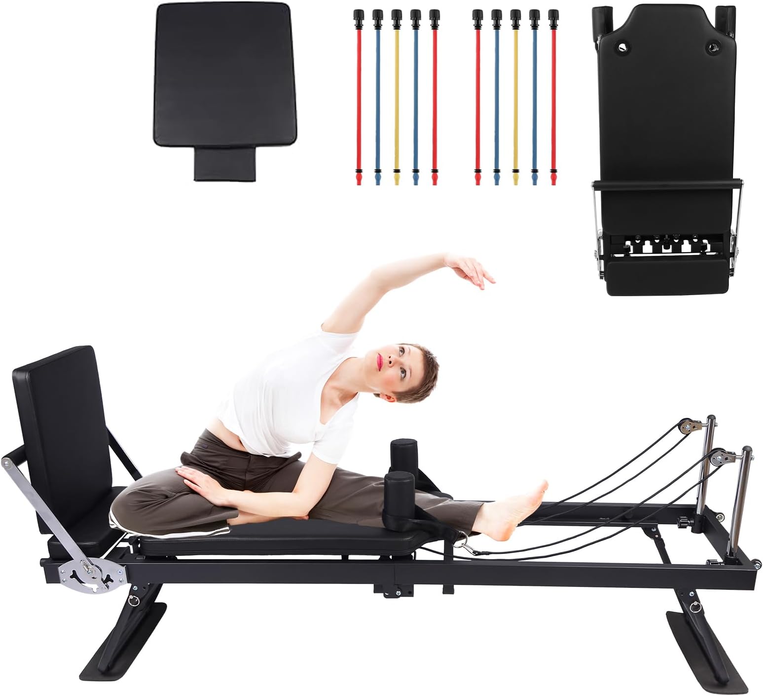 Foldable Pilates Reformer Machine for Home Gym,Professional Reformer Pilates with Jump Board, 2 Sets Color Resistance Cords,at Home Pilates for Full Body Workouts & Strength Training
