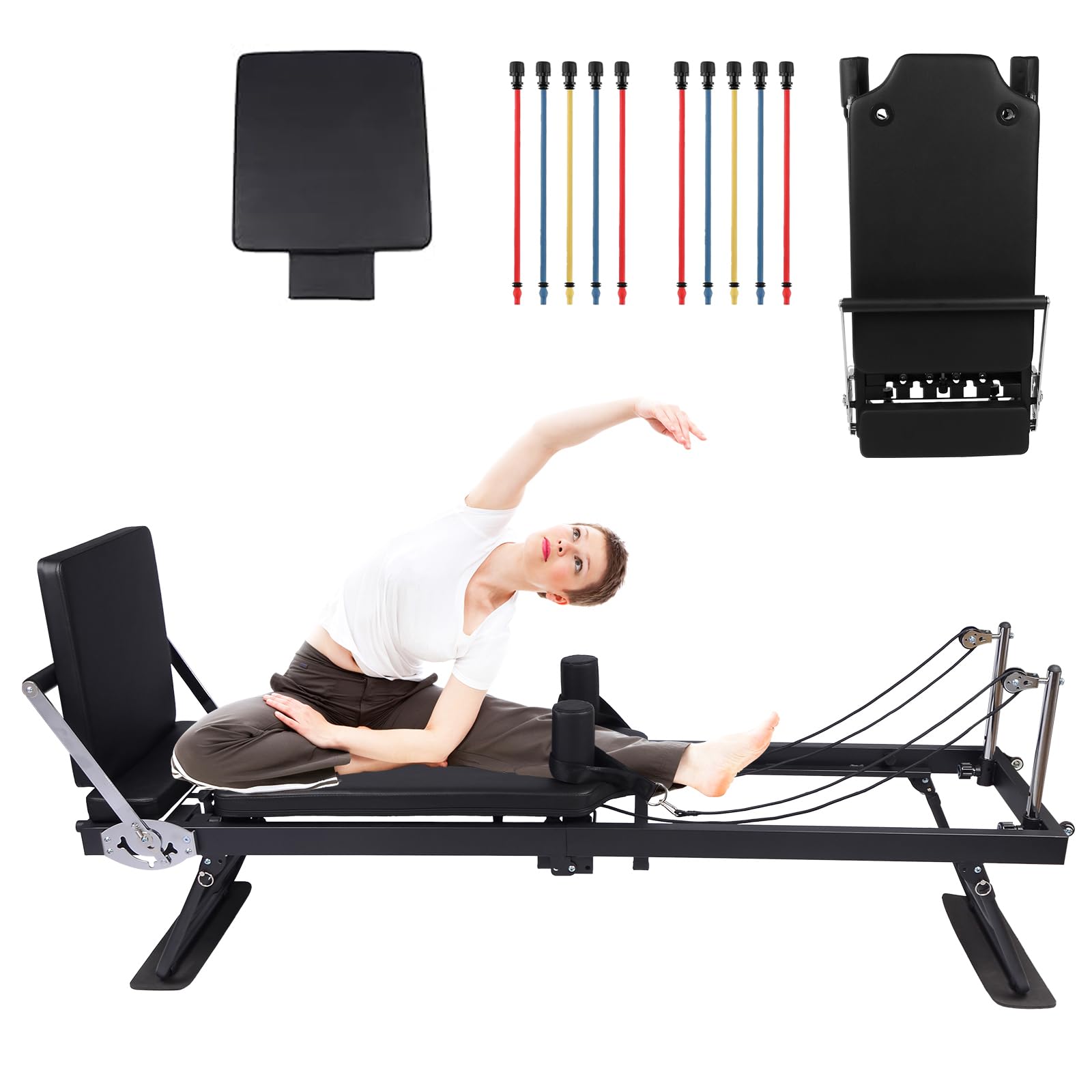 Foldable Pilates Reformer Machine for Home Gym,Professional Reformer Pilates with Jump Board, 2 Sets Color Resistance Cords,at Home Pilates for Full Body Workouts & Strength Training