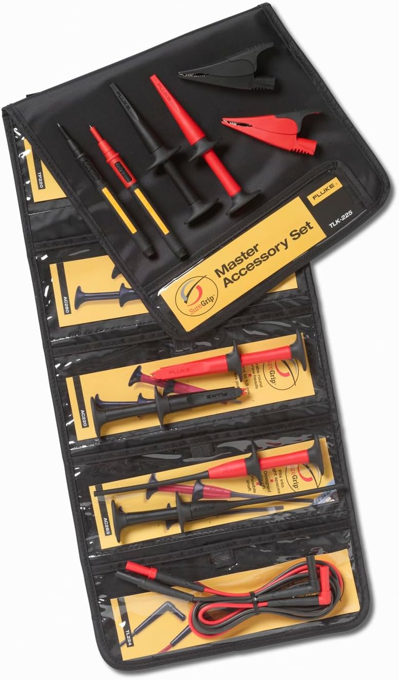Fluke TLK-225 SureGrip Master Accessory Set pouch opened, showing individual compartments for each accessory.