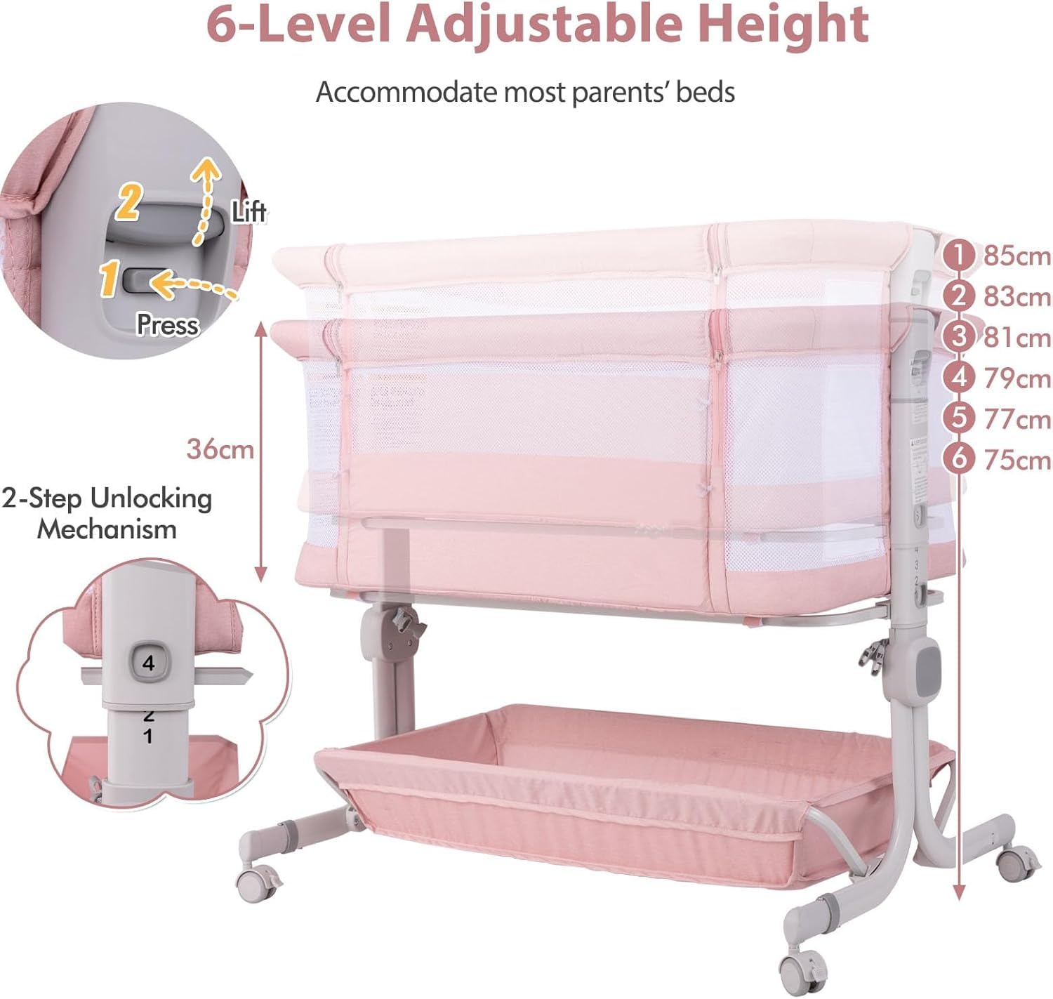 LIFEZEAL Lit Cododo bébé avec Matelas, Hauteur Réglable à 6 Niveaux, Lit d’Appoint Bebe Evolutif à roulettes, Lit de Voyage Pliable avec Sac, Panier de Rangement, 0-6 Mois, Charge 9 kg (Rose)