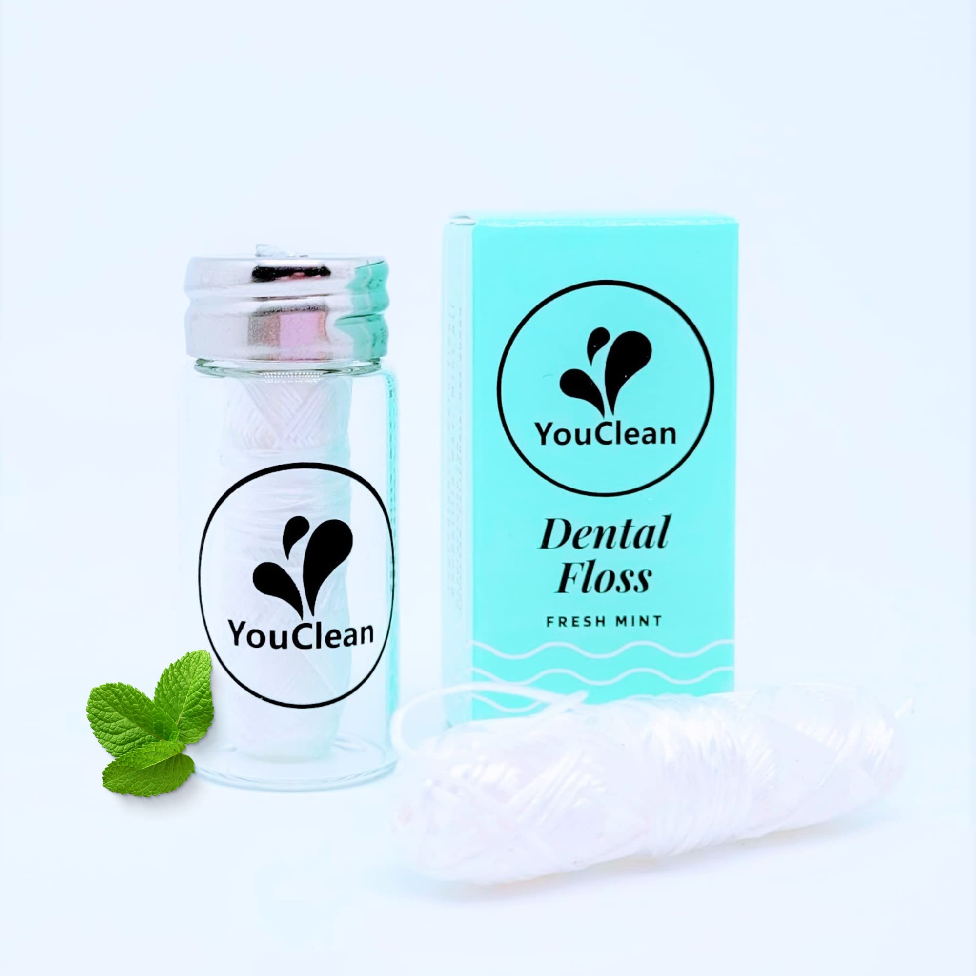 Natural Peppermint Essential Oil Infused Vegan Plant-Based Waxed Dental Floss 38 Yards 35 Meters in Refillable Glass Jar