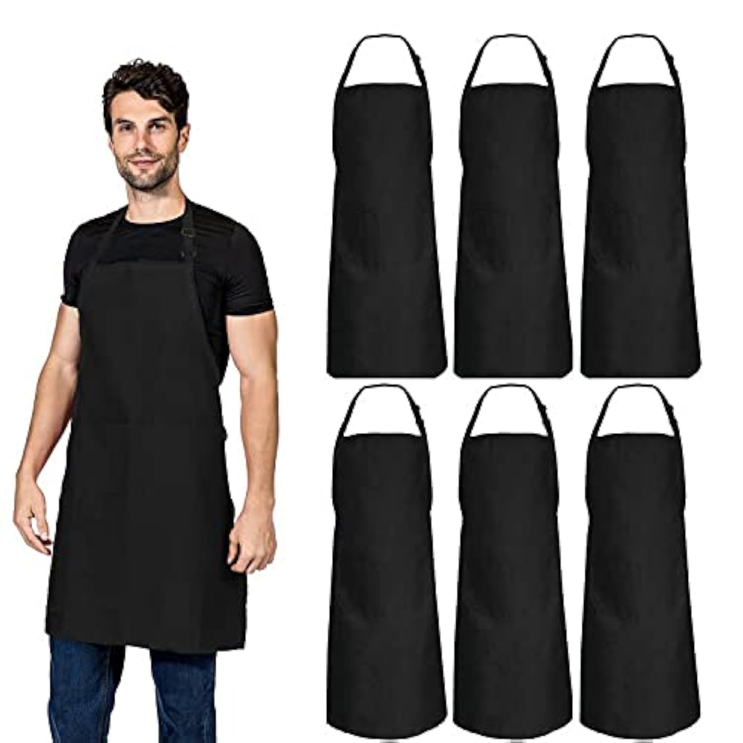 – CWFUN Black Adjustable Kitchen Bib Aprons for Women Men Chef,Bulk Pack 32 x 28 Inches-Cooking Grilling Black Aprons-6 pcs