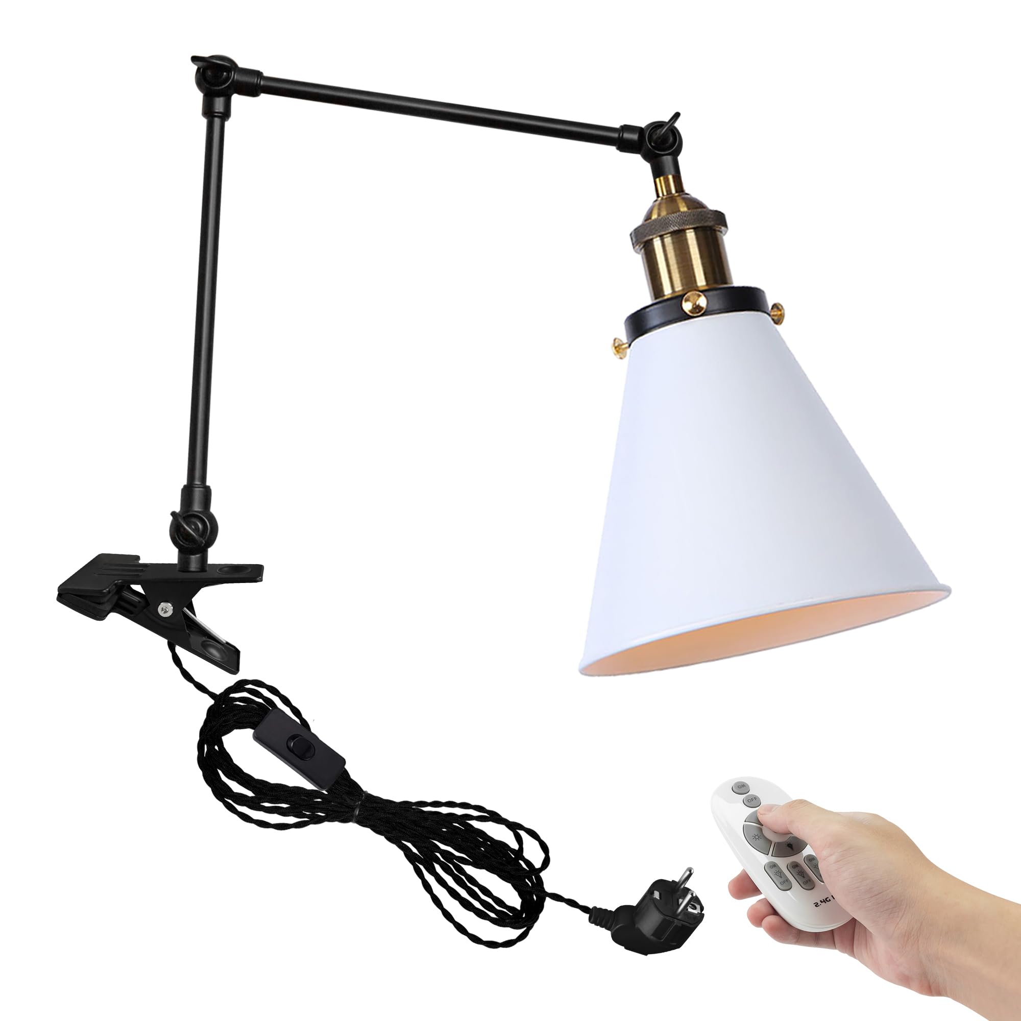 Industrial Klemmleuchte mit Fernsteuerung, Einstellbar Clip auf Schreibtisch Leselampe,Dimmbar Clamp Nachttischlampe mit Flexarm für Schreibtisch Nachttisch Regal- TD/0132G&W