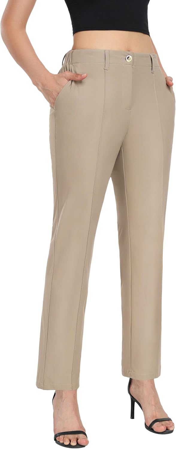 Little Donkey Andy Women's Stretchy Straight Leg Dress Pants Business Casual Elastic Waist Cropped Work Pants with Pockets Khaki M