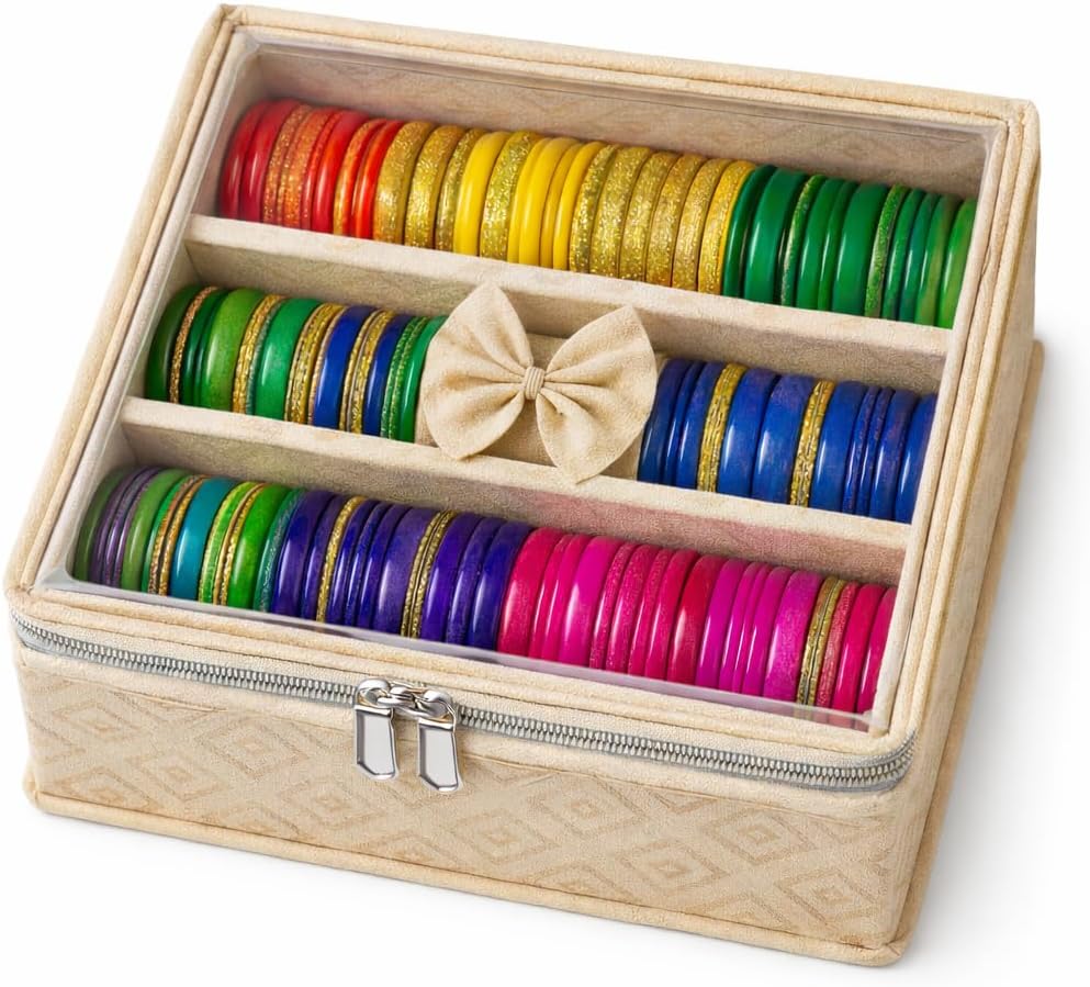 Bangle Organizer Box for Women | Handcrafted Bangle Storage with Cushioned Rolls | Decorative Diamond-Pattern Fabric | 3 Rack Chudi Box