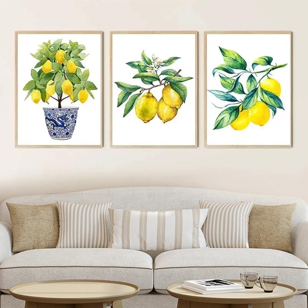 Hurcp Blue/Yellow Set Of 3 Canvas Poster Modern Abstract Lemon Bonsai Plant Fruit Wall Art Prints Gift Bedroom Living Room Dorm Gallery Corridor Decor Picture,40X60 Cm (15.8X23.6 In)