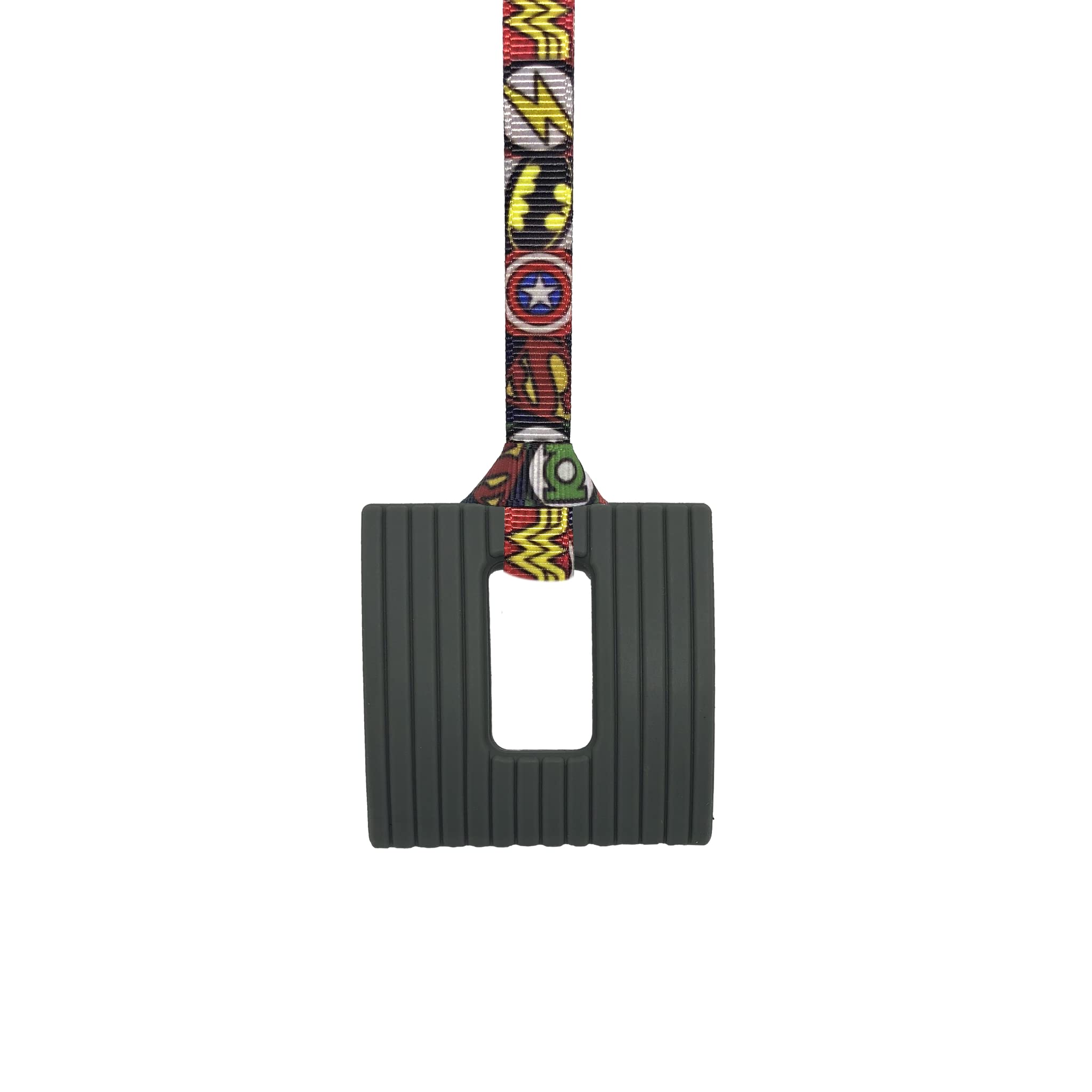 Sensory Oojamabobs - Square Pendant chew Necklace, Smooth & Bumpy Texture - Autism ADHD stimming/Anxiety aid- Grey with Lanyard (6 Designs Available!) (70cm, Superheroes)