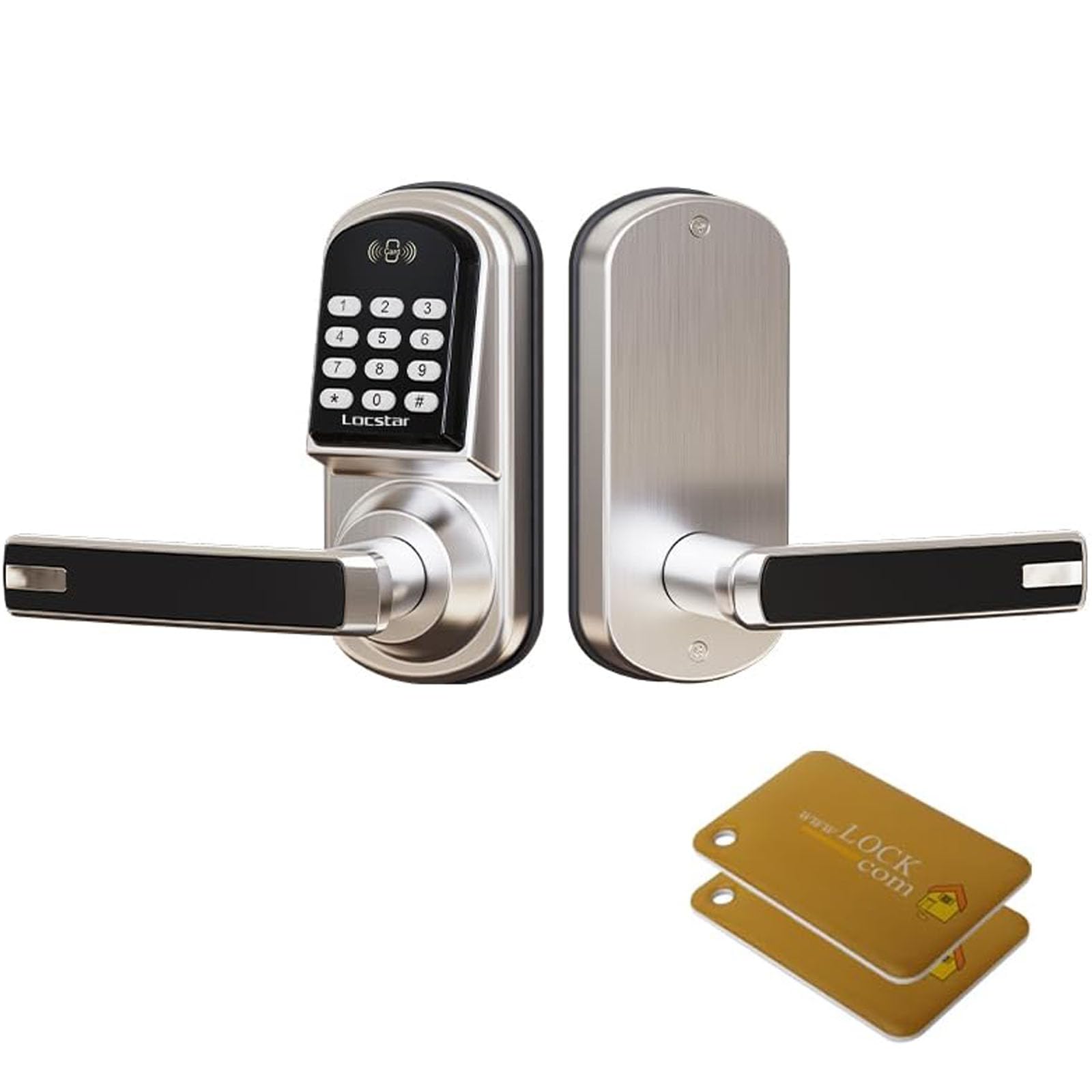 Product detail presentation showing card unlock, password unlock, and key unlock methods for the Locstar smart lock.