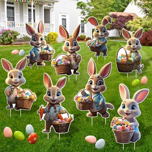 Osterhasen Gartenstecker, 8 Stück Ostern Hof Schild, 2D Ostern Werbeschilder, Oster Hofschilder Dekorationen Wetterfest, Bunny Gartenschild, Ostern Deko für Garten Rasen Yard