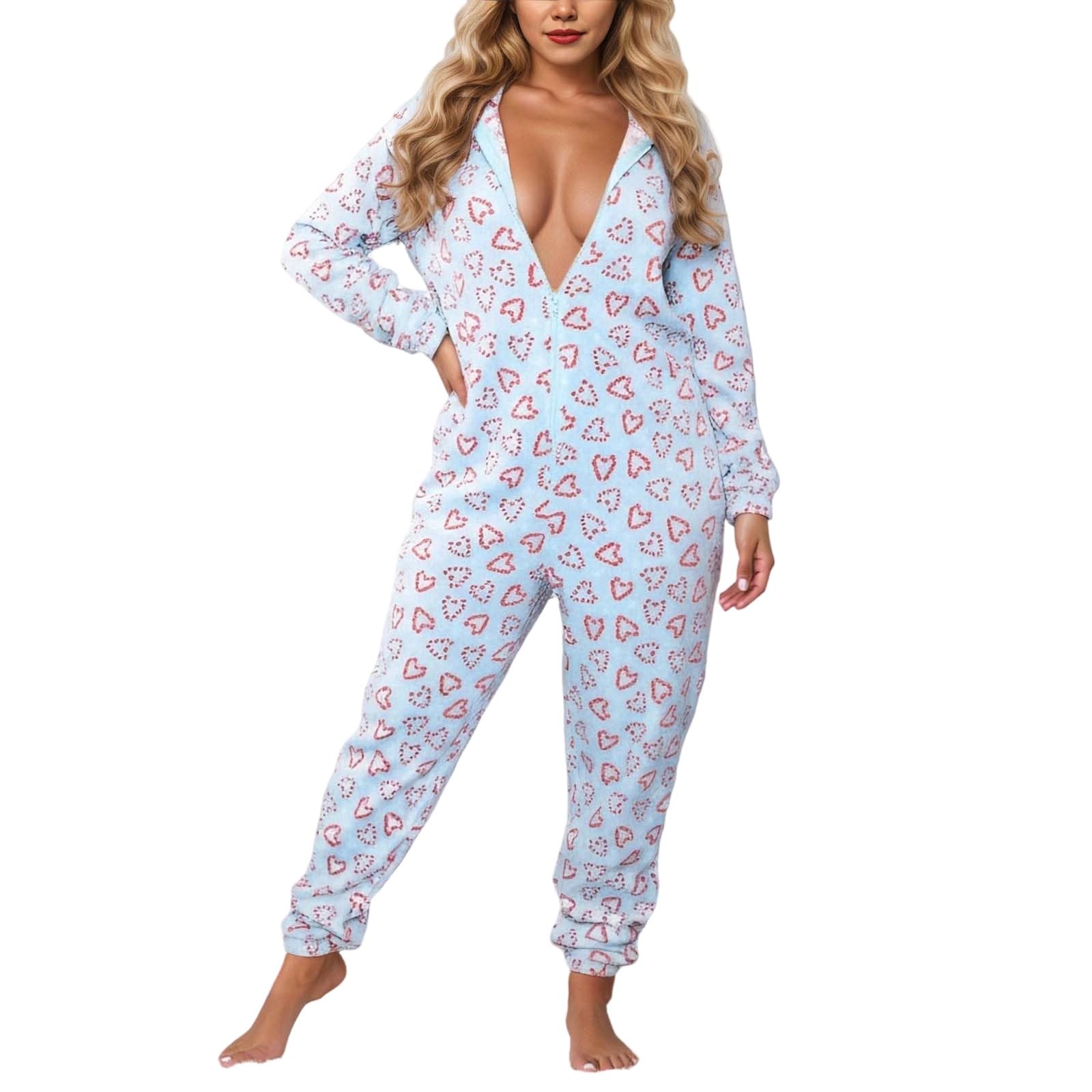 Generisch Pijama de franela para mujer, pijama de una pieza con estampado de corazón, manga larga, cuello en V, mono sexy y acogedor, grueso, térmico, de Navidad, ropa de salón