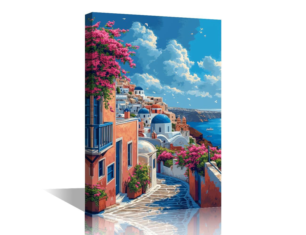 TISHIRON Greece Pictures for Living Room Santorini Wall Art Prints on Canvas Coastline Painting Modern Artwork 1 Piece Wall Decor for Bedroom Office Bathroom Decor Ready to Hang, 24x16in