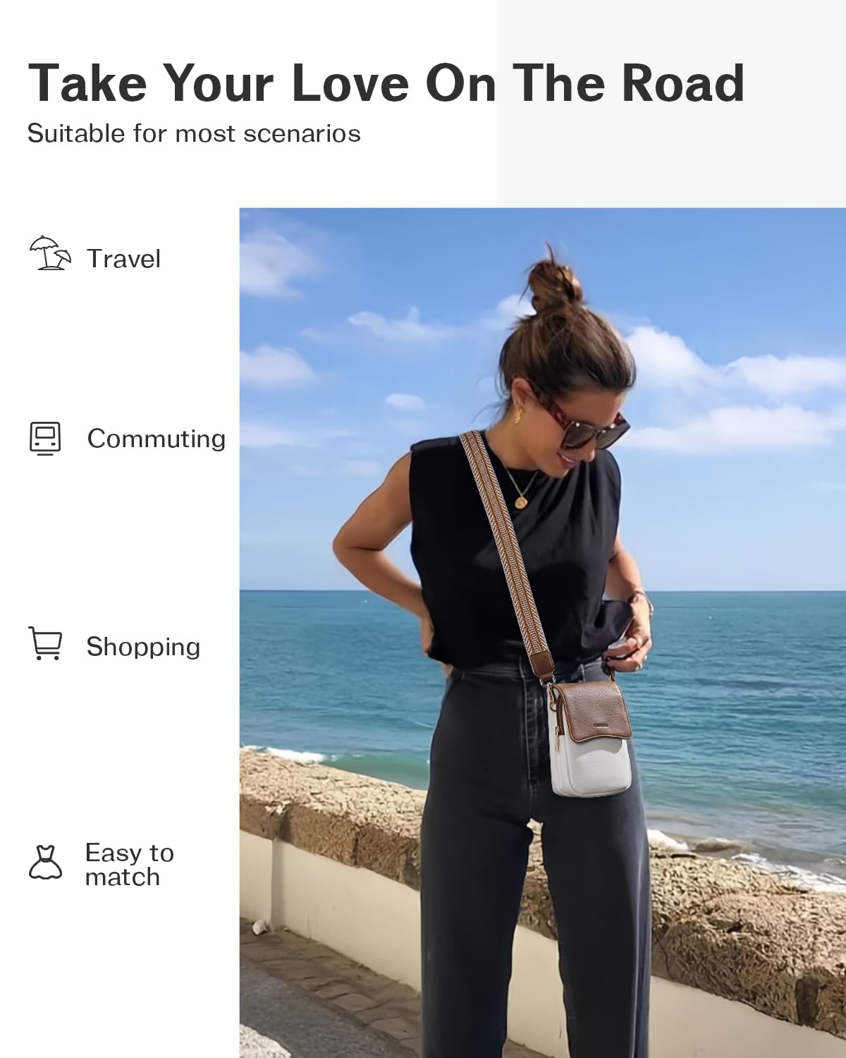 Bolso cruzado pequeño para teléfono celular, bolso cruzado para mujer, cartera de viaje de cuero, bolsos de hombro con ranuras para tarjetas, marrón y blanco, Bolso cruzado para teléfono 2