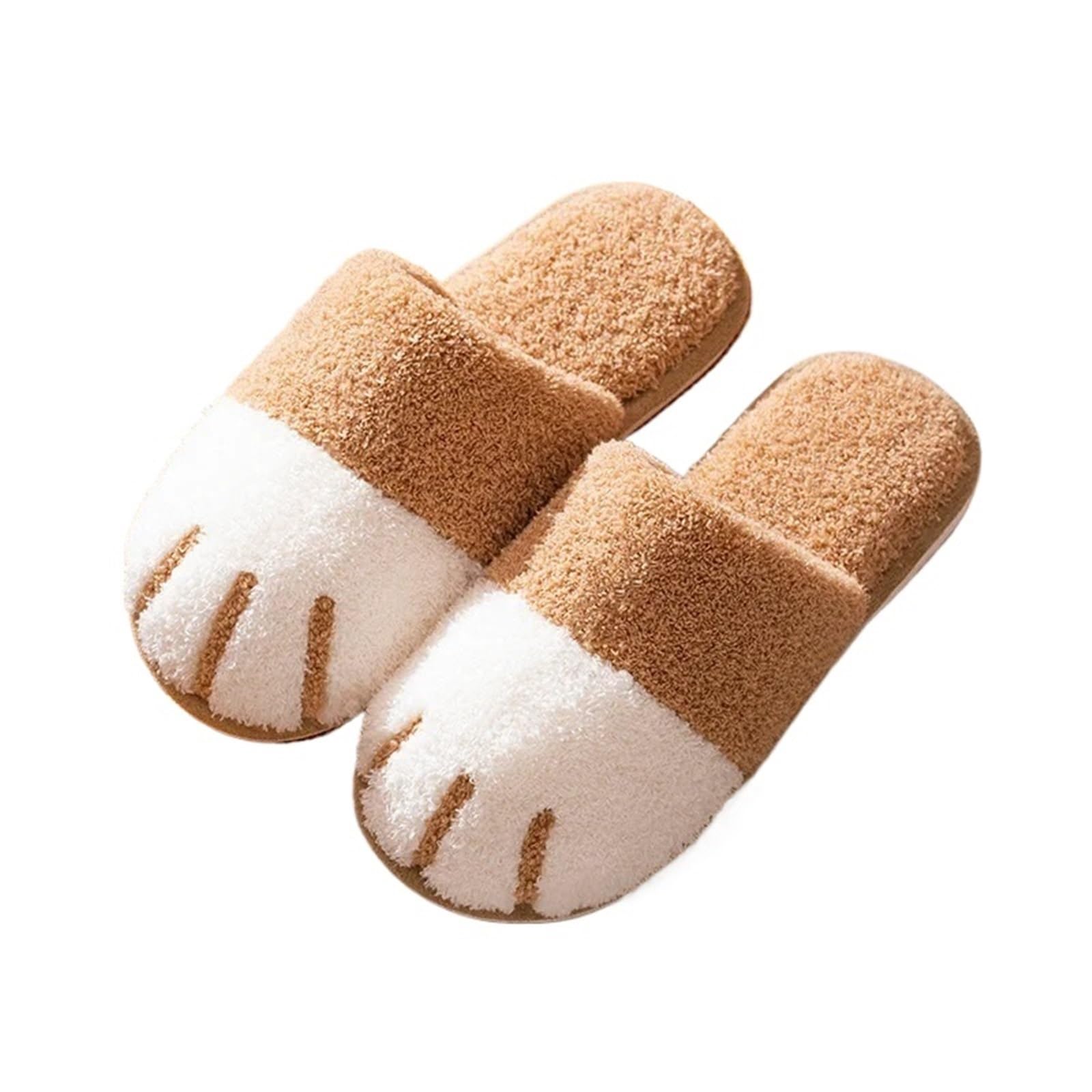 ERHTGUO Cat Paw Warm Slippers For Women Winter Plush House Cute Couple Indoor Bedroom Fuzzy Shoes(Khaki,42-43)