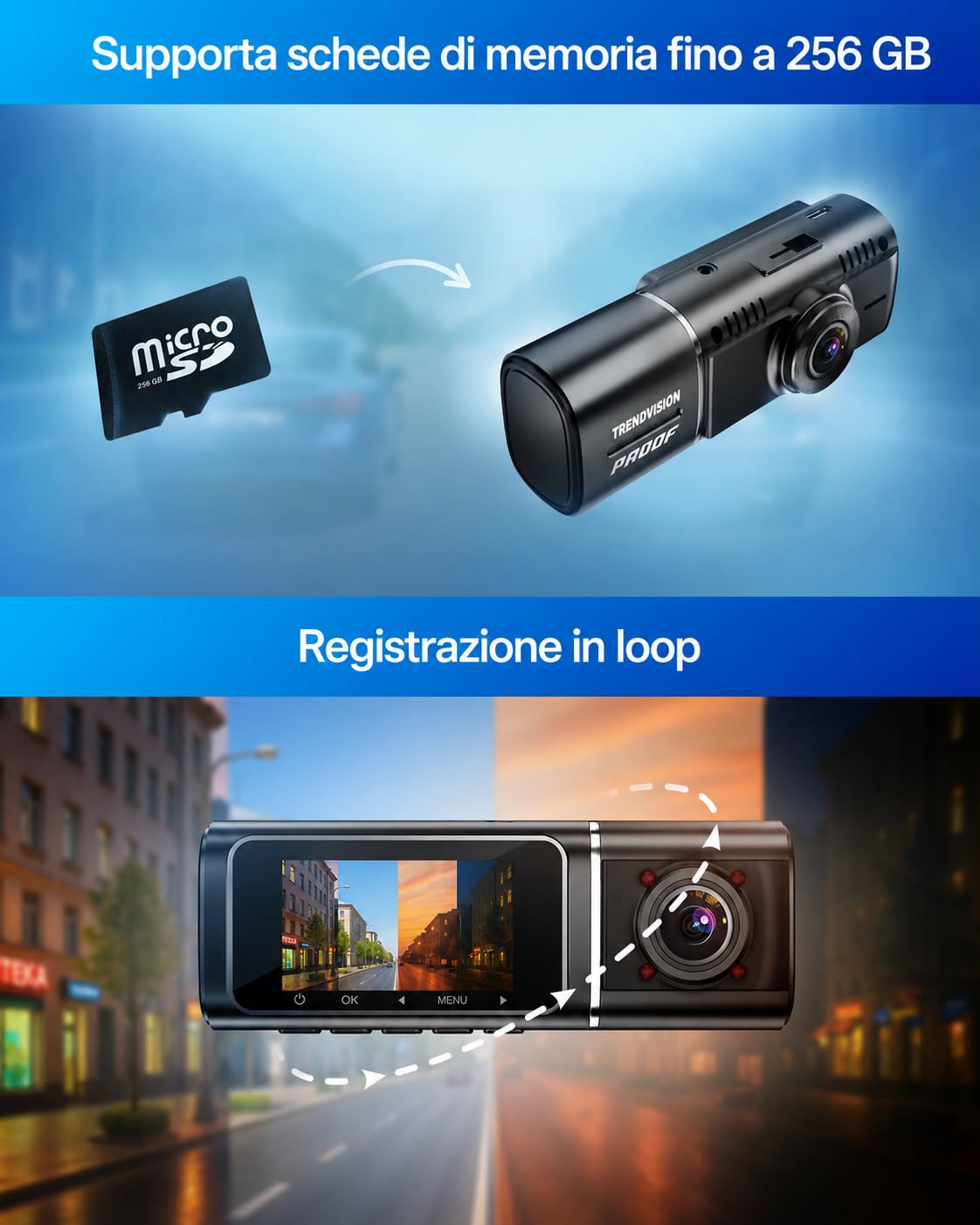 Proof Ultra Dash Cam 3 Canali 4K+2K Anteriore e Interna con Posteriore, GPS, WiFi App, Visione Notturna IR, Modalità Parcheggio