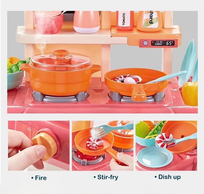 Image of Kids Kitchen Set with Pretend Play Accessories, Water Spray Cooking Effect, Toy Oven, Sink, Storage Shelves & Kitchen Utensils, Role Play Cooking Toy for Boys & Girls (42 Pcs)