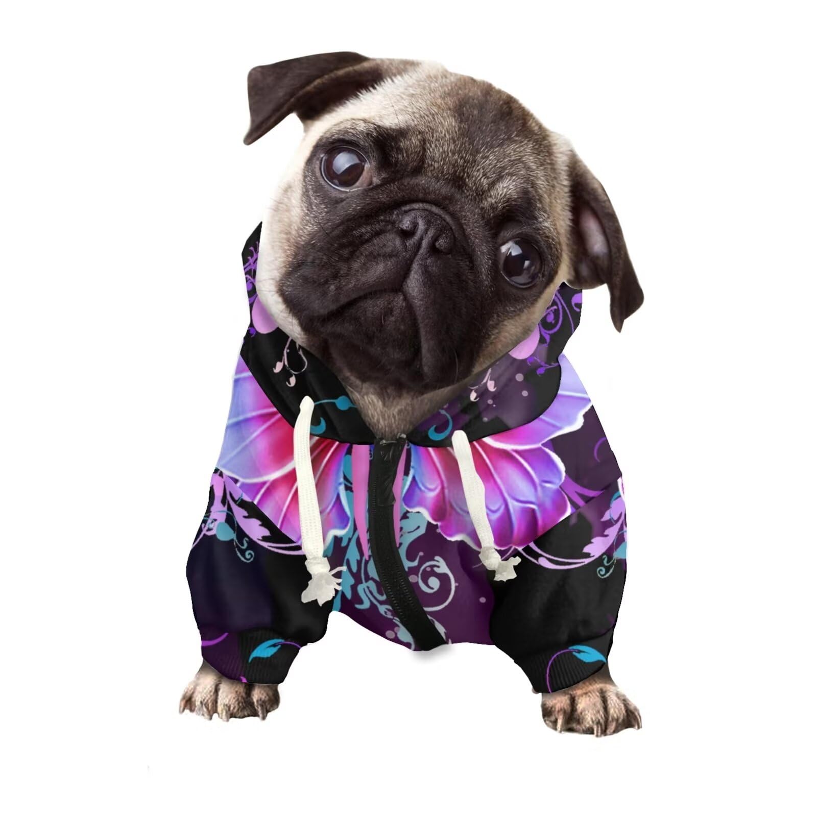 Howilath Dog Hoodie Pet Clothes, Boho Butterfly Flowers Purple Zipper Clothes for Dogs, Sweatshirt with Hat, Dog Cat Hooded Shirts Sweatshirts - L — image 1