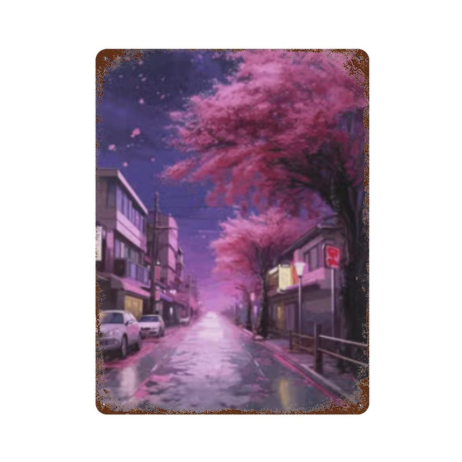 Cherry Blossom Street Scene Decorative Tin Sign 15.7"x11.8", Shabby Chic Decor for Garage, Pub Or Kitchen
