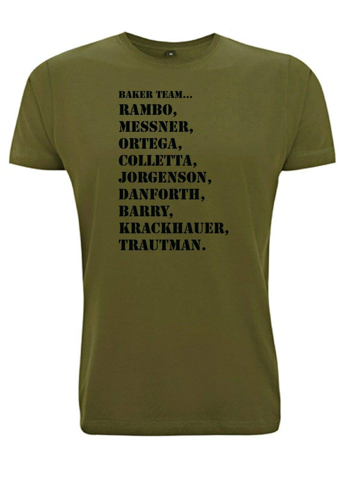 Rambo T Shirt Baker Team First Blood Movie Inspired Tshirt Retro Film 1980s (Small, Army Green)