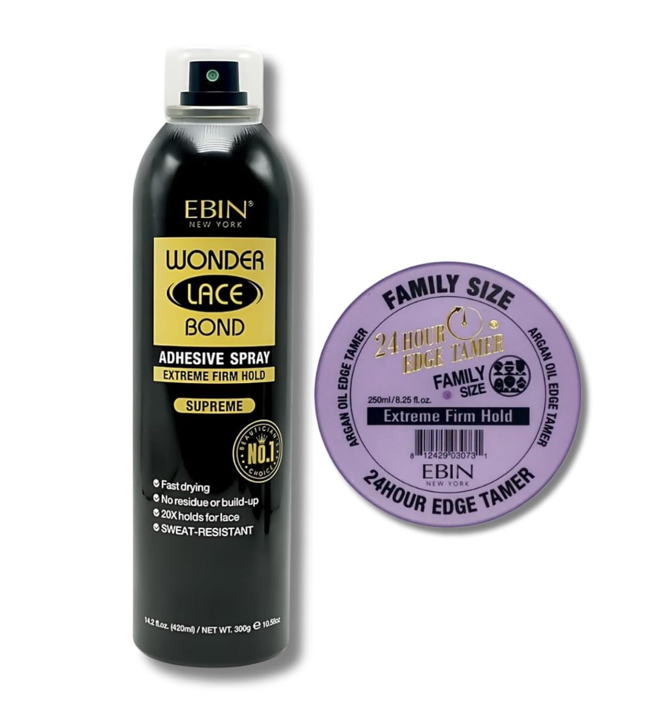 Wig Glue– 1x Wonder Lace Bond Wig Adhesive Spray - Supreme 420 ml Bundle with 1x 24 Hour Edge Tamer - Extreme Firm Hold 8.25 oz by EBIN NEW YORK – Sleek Finish for Lace Front Wigs – Gift Set (2 Items)