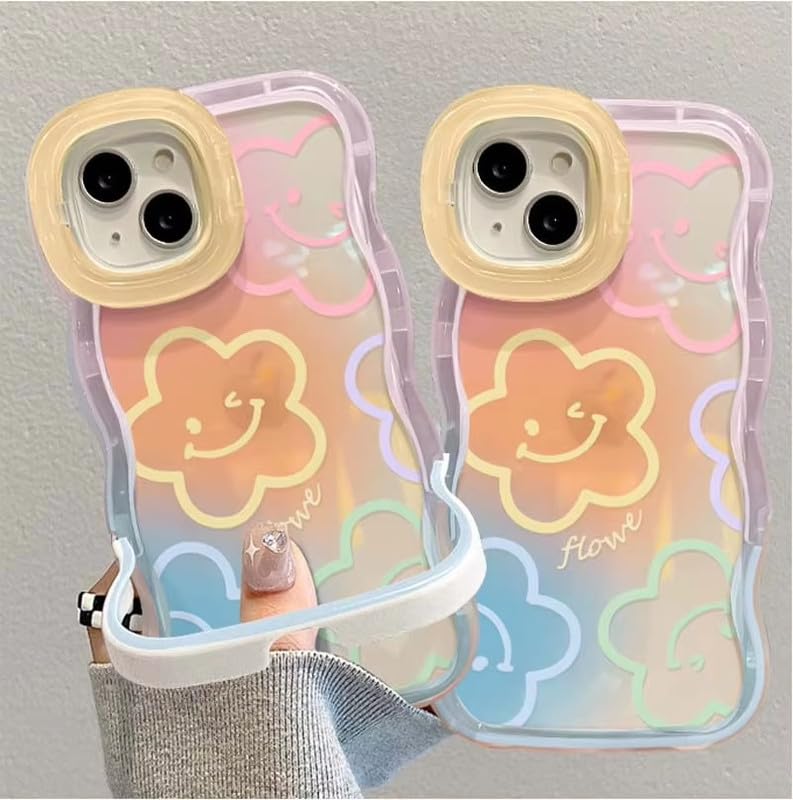 Image of COVERLY 3D Cute Creative Smiley Flower Cartoon Emoji Face Floral Decor Wave Curly Edge Invisible Double Phone Stand Holder Hard Happy Smile Cover Girly Charm Case for Apple iPhone 12 Pro (Multi color)