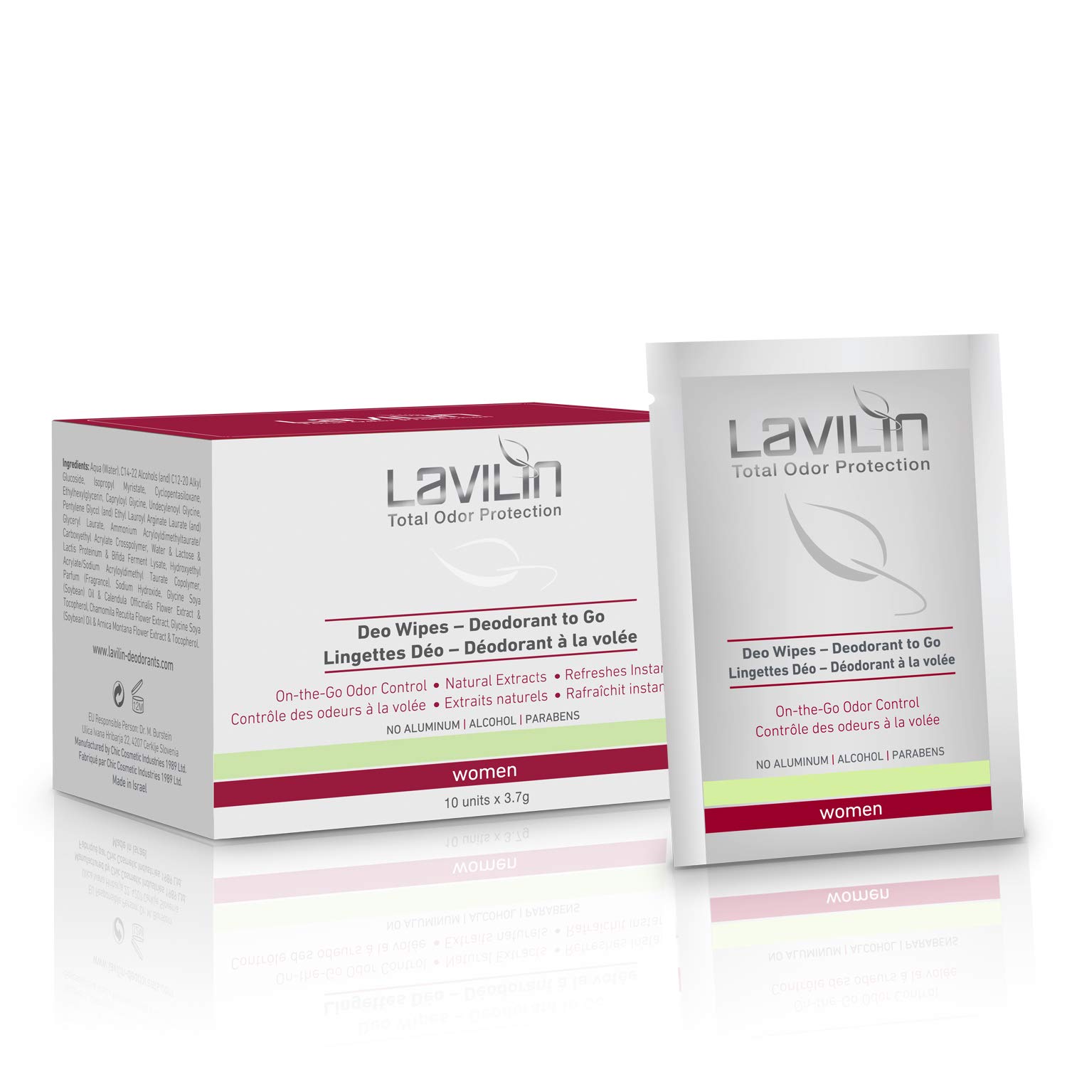 LAVILIN Underarm Deodorant Wipes for Women - 10 Pk of Individually Wrapped Long Lasting Wipes - On the Go/Travel/Freshen-Up Protection from BO | Alcohol, Paraben and Aluminum Free | Cruelty-Free