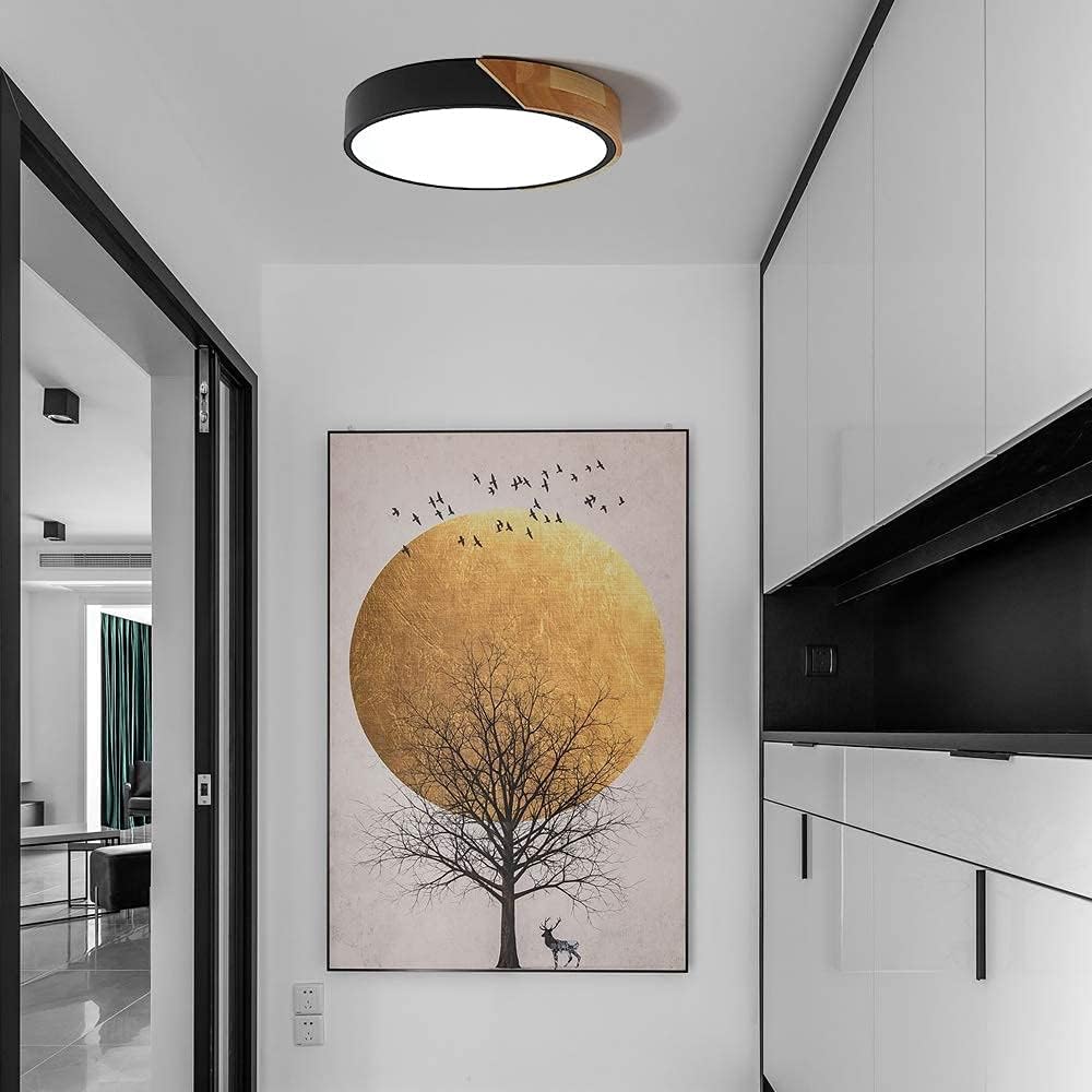 Hоlіdау Dеаlѕ 🛒 Jinzhuo Modern 15.7 Inch Black LED Drum Shaped Wood 1-Light Flush Mount Remote Control Dimmable Ceiling Light Fixture, Metal Acrylic
