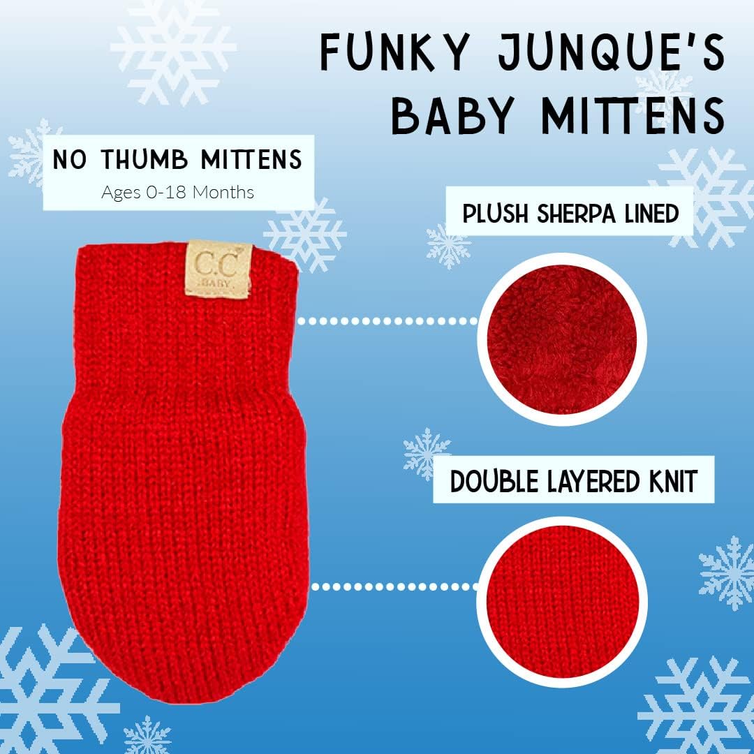Funky Junque Baby Mittens Fleece Lined No Thumb Soft Double Layer Knit Gloves for Infant Newborn Boy Girl - Red