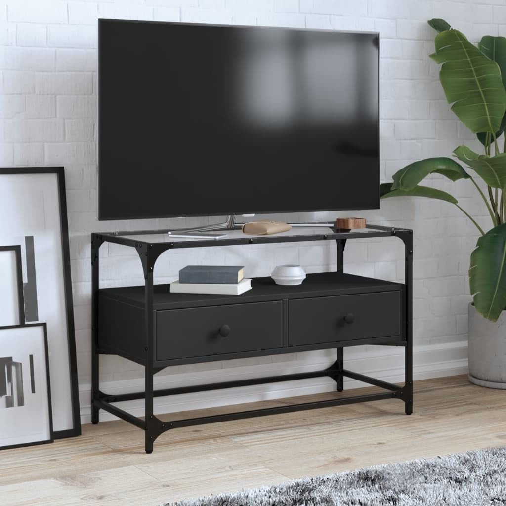 Meuble TV avec plateau en verre noir, 80 x 35 x 51 cm, meuble bas avec espace de rangement, tiroirs et cadre en métal, table TV pour salon, surface de rangement et passe-câbles