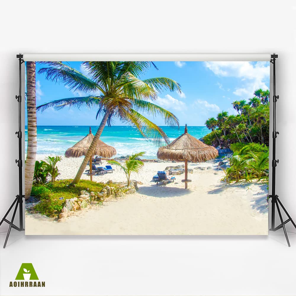 Aoihrraan 3x2m Toile de Fond de Plage Tropicale Été Bord de Mer Palmier Océan Scène Photographie Fond Shoots de Mariage Camp d'été Décor de Fête Anniversaire de Bébé Douche Nuptiale Photo Prop