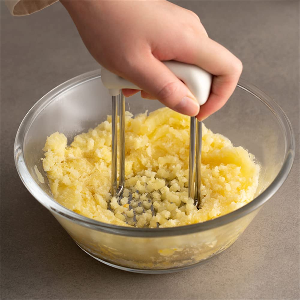 Potato Masher, Potato Reicer en acier inoxydable avec poignée en matériau PP, ustensile de masher alimentaire, masher à la main, masher végétatable, nettoyage à vaisselle (WHITE)