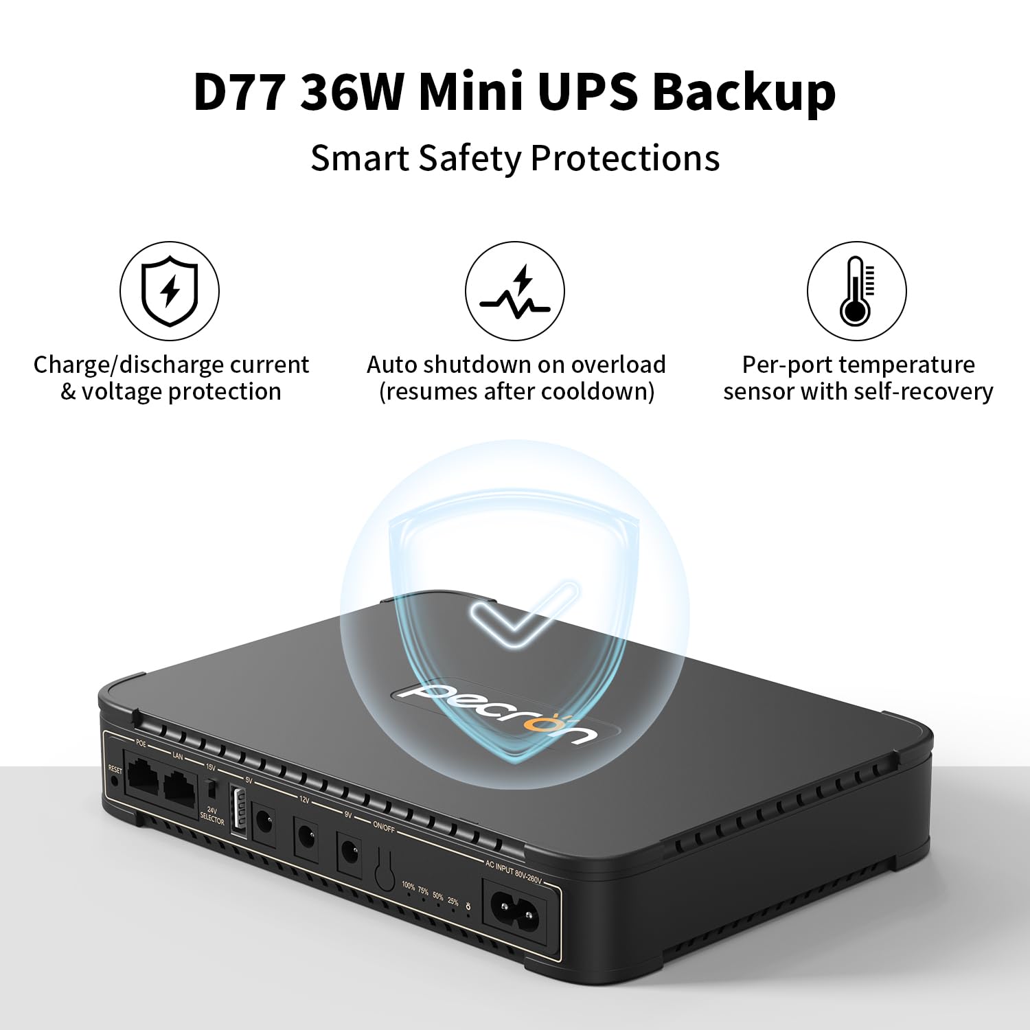 Pecron D77 DC UPS Batería de respaldo, 76.96Wh UPS pequeño para router WiFi/módem/cámara de seguridad/teléfono, fuente de alimentación ininterrumpida con puerto PoE, 5V/9V/12V DC5521 puerto, 5V USB-A