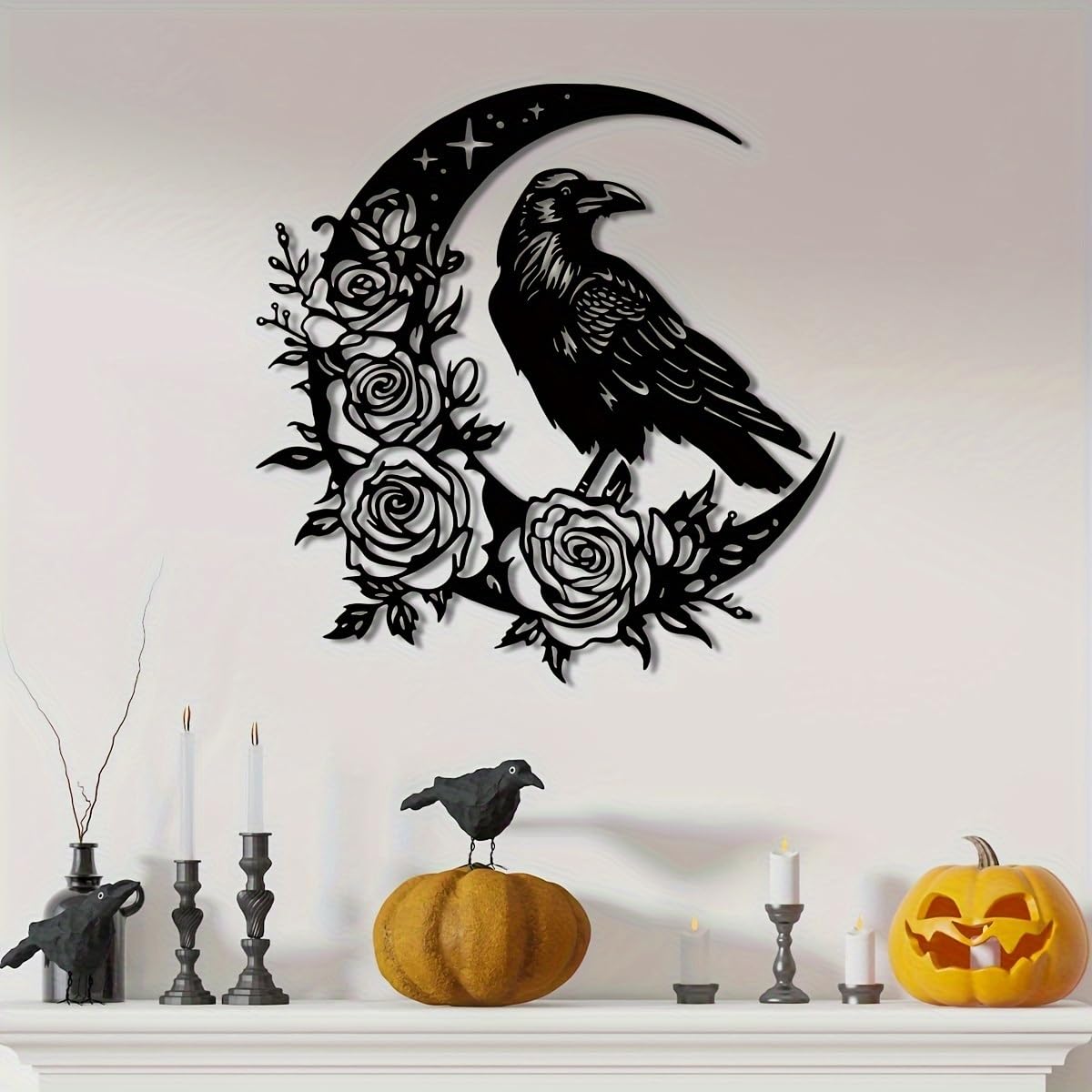 Generico Decoración de pared abstracta contemporánea de Metal con Arte de Cuervo Lunar, letrero colgante rústico Moderno para Sala de estar, dormitorio, oficina gótica o jardín Exterior.