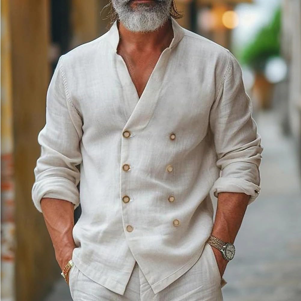 Camicia doppiopetto casual da uomo in lino per vacanze e abbigliamento quotidiano (XL beige)
