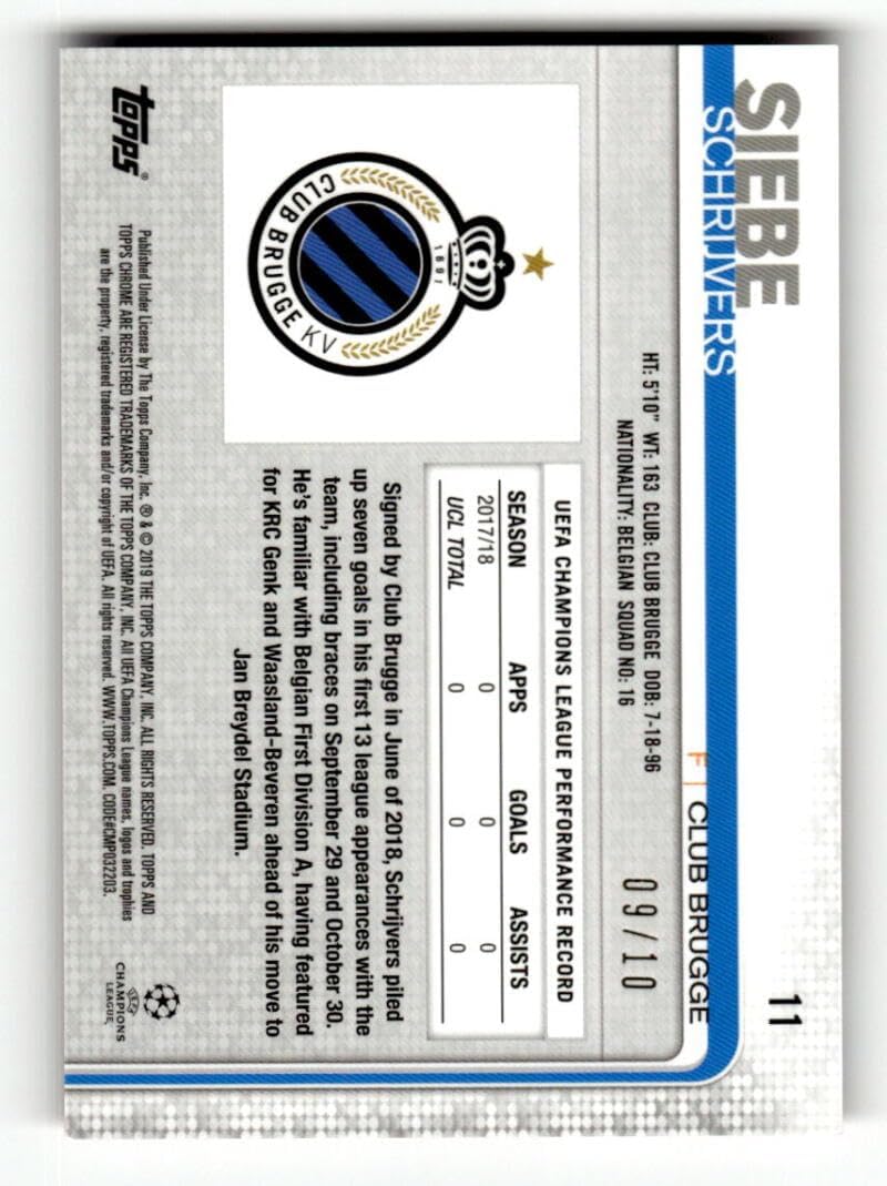 2018-19 Topps Chrome UEFA Champions Red Wave Refractor #11 Siebe Schrijvers 9/10 Club Brugge Soccer Futbol Trading Card
