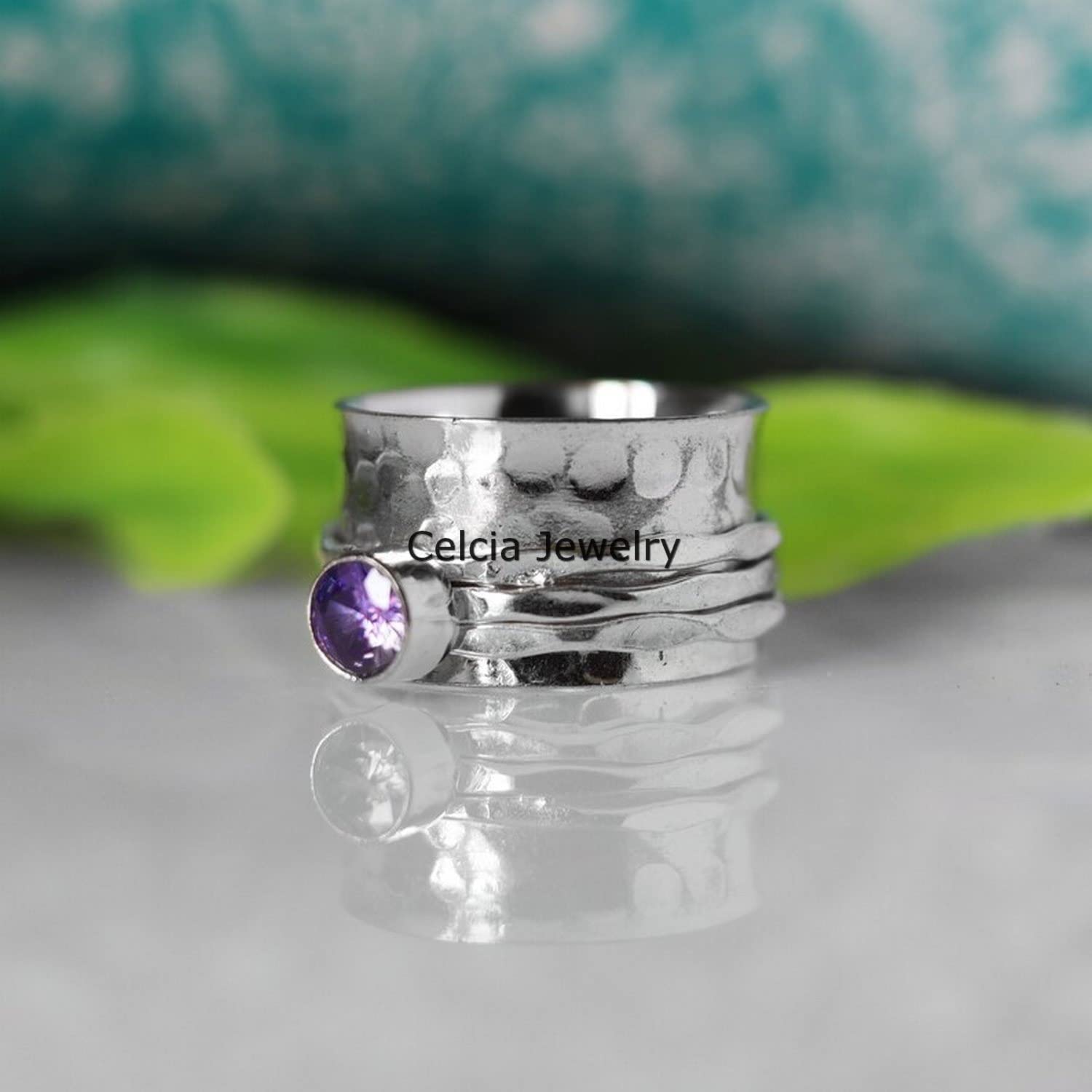Anillo giratorio de plata facetada con forma redonda y amatista morada para meditación y regalos giratorios (talla 7 de EE. UU.)