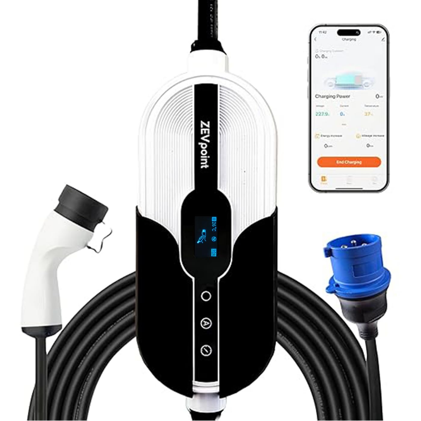 Zevpoint 7.5 kW Portable EV Charger | Carry Bag+Wall Bracket+CEE Socket | 6 Meters, Smart App, LED Screen, TPU Cable, Adapt Power | 10+ Advanced Safety Features | IP66 | 5-yr Warranty | Aveo Pro