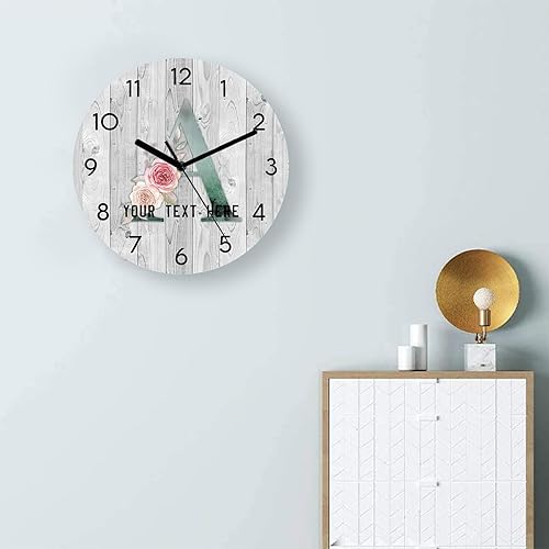Reloj de mármol dorado verde azulado de 11.6 pulgadas, reloj clásico de pared redondo personalizado con nombre letra inicial A, fácil de leer,