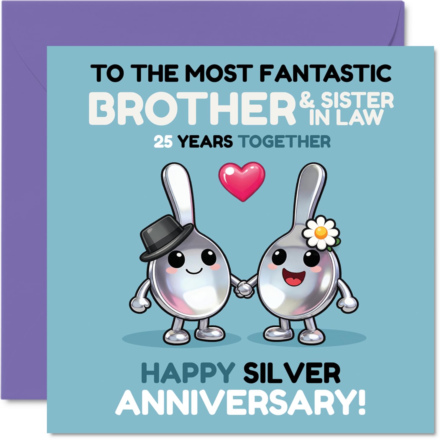 Playful 25th Anniversary Card for Brother & Sister in Law - Spoonfuls of Fun for Your Silver Celebration - 145mm Square, Envelope Included