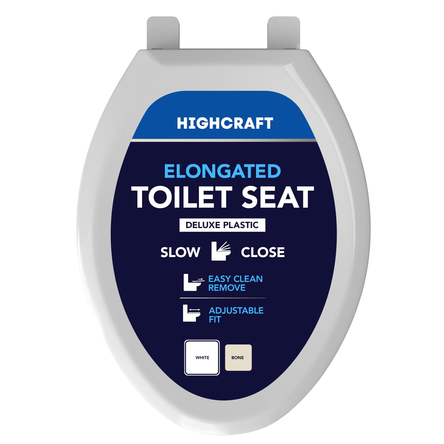 highcraft premium elongated toilet seat with slow-close design, adjustable hinges & quick removal mechanism - plastic toilet seat - fits standard elongated toilets - oval toilet seat in white