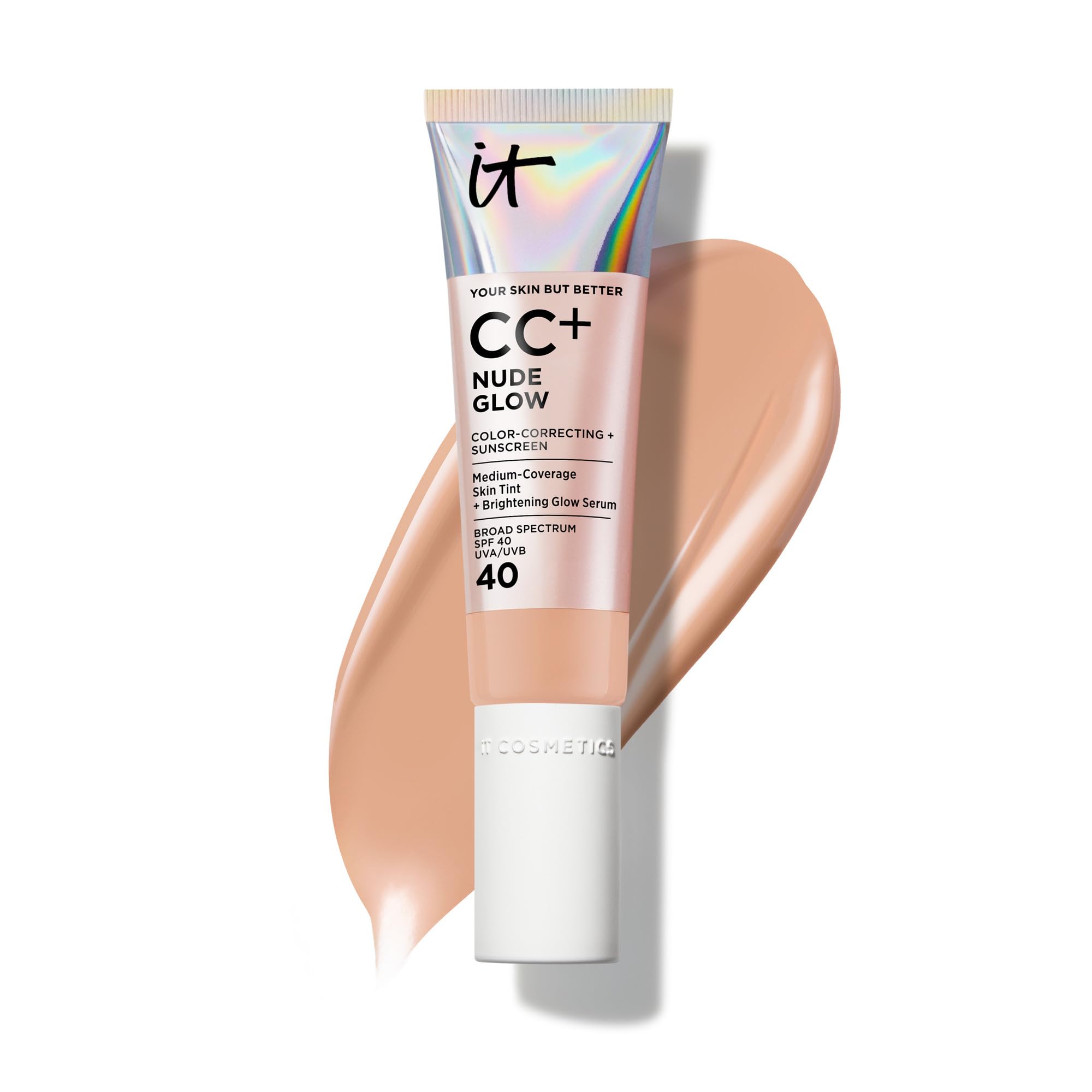 IT Cosmetics CC+ Nude Glow (Neutral Tan) - Medium Coverage Foundation with SPF 40 & Brightening Glow Serum, Lightweight Skin Tint, 2% Niacinamide + Hyaluronic Acid, Up to 24H Hydration - 1.08 fl oz