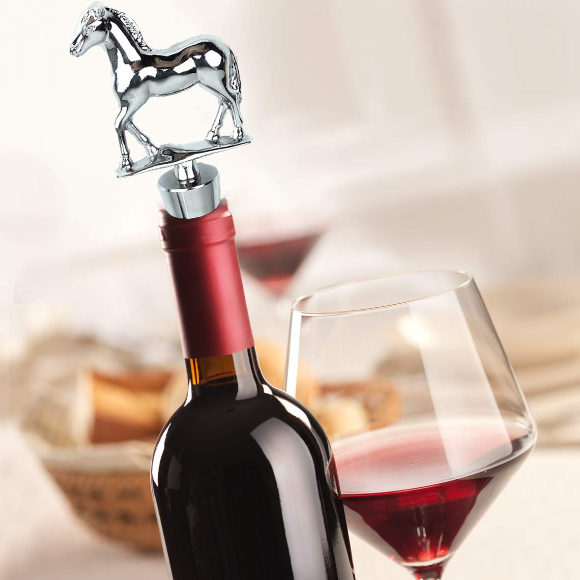 Wine Stoppers,2 Pack Zinc Alloy Funny Wine Bottle Stopper, Red Wine Topper Cork Stopper,Decorative Champagne Beverage Bottle Plug,Silicone Wine Saver Cap for Wine Lover Gift (horse)