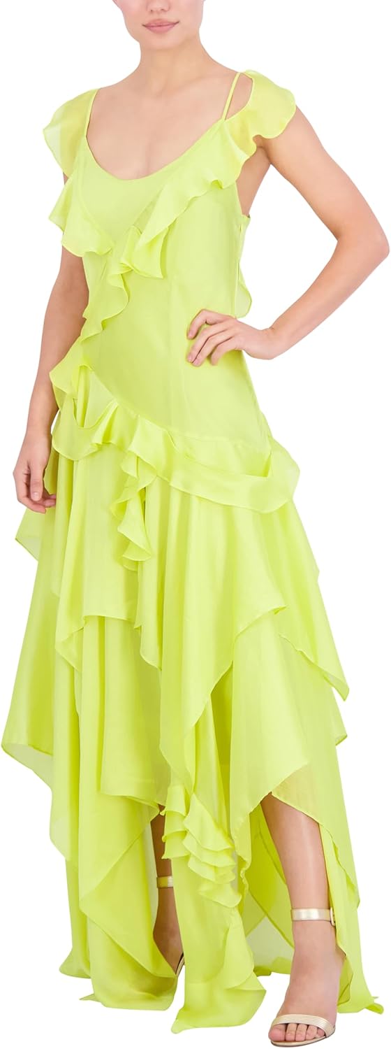 BCBGMAXAZRIA Women's Scoop Neck Sleeveless Ruffle Maxi Cocktail Dress
