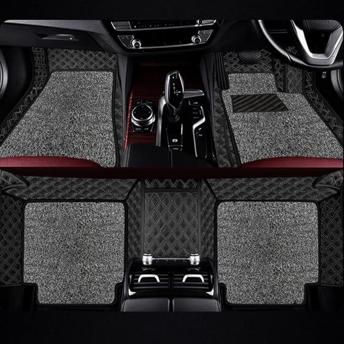 Image of NEXTA 7D Premium Faux Leather Custom Fitted Car Floor Mats for MG Majestor - 7 Seater (All 3 Rows) Double Stitching II 7 Layer Protection 100% Waterproof & Washable(Black & Silver Stiching)