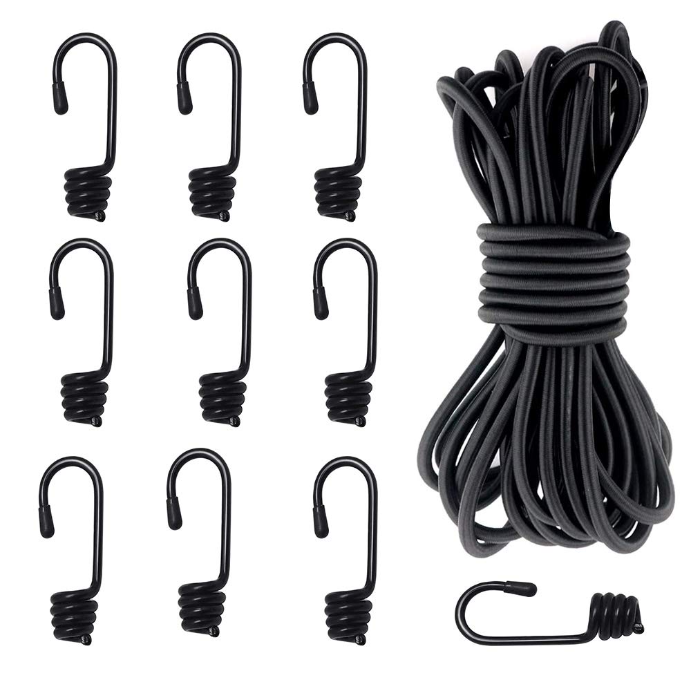 AFASOES Bungee Cords with Hooks, 10mx8mm Black Elastic Bungee Rope Heavy Duty Bungee Cords Bungee Straps Metal Shock Cord Hooks with 10 Bungee Hooks for Outdoor, Transport Load, Furniture Securing