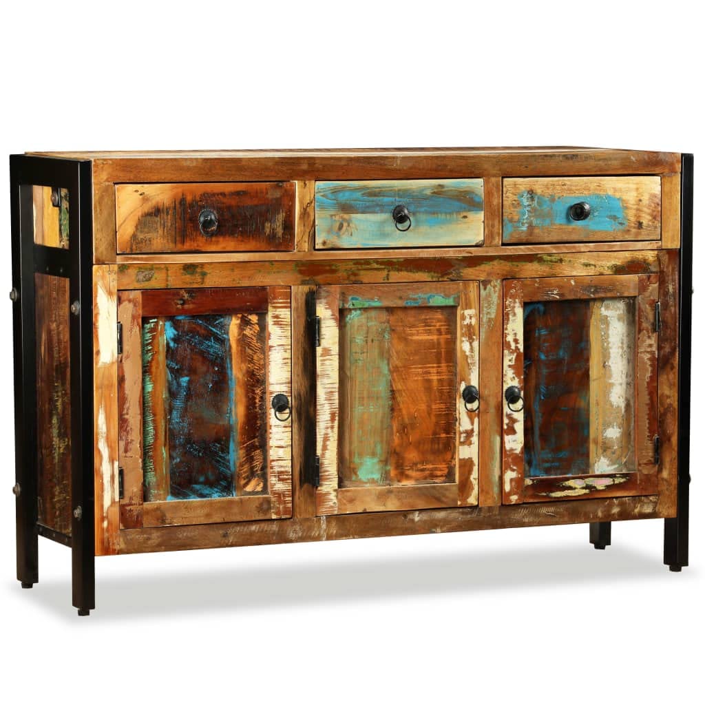 Buffet en bois recyclé massif 120 x 35 x 76 cm fait main avec trois tiroirs de style vintage